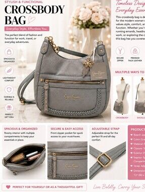 JESSICA SIMPSON GRAY BRAIDED FRONT CROSSBODY BAG WITH GOLD Hardware